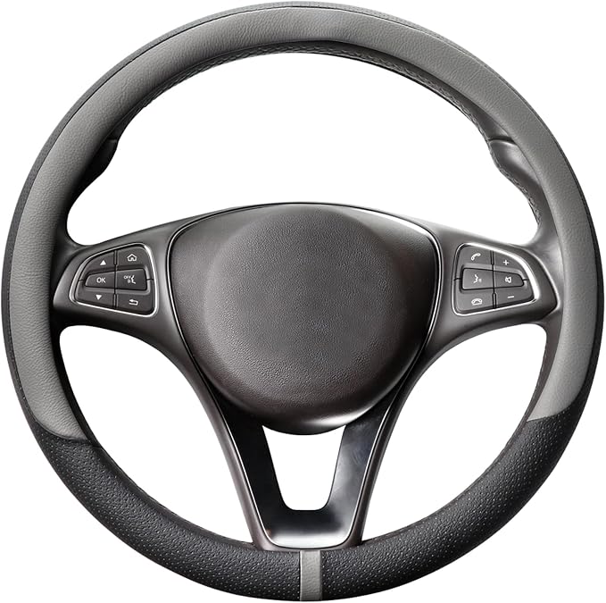 Breathable Steering Wheel Cover Microfiber Leather with Center Mark Design Universal Medium Size 14 1/2-15 Inch Gray and Black