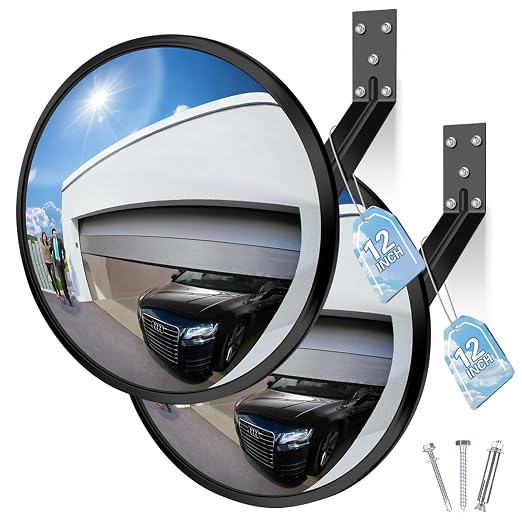 2 Pcs 12” Acrylic Convex Mirror - Adjustable Wide Angle View Security Traffic Mirror Indoor Outdoor, Wall Mounting Corner Blind Spot for Garage Warehouse, School, Store Safety and Office