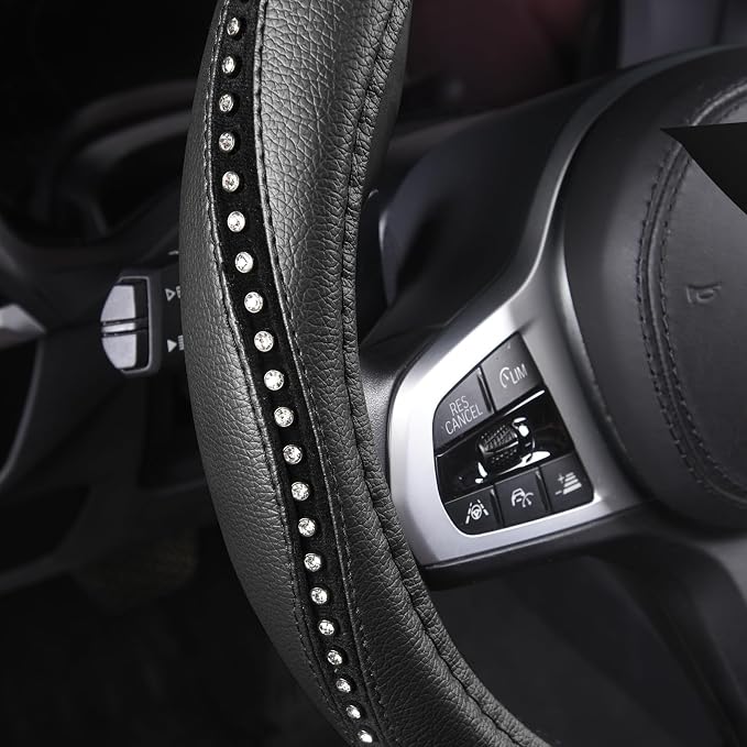 Bling Steering Wheel Cover - Crystal Studded Rhinestone Non-Slip Breathable Design for Women/Girls, Universal Fit 14.5-15 Inch Black