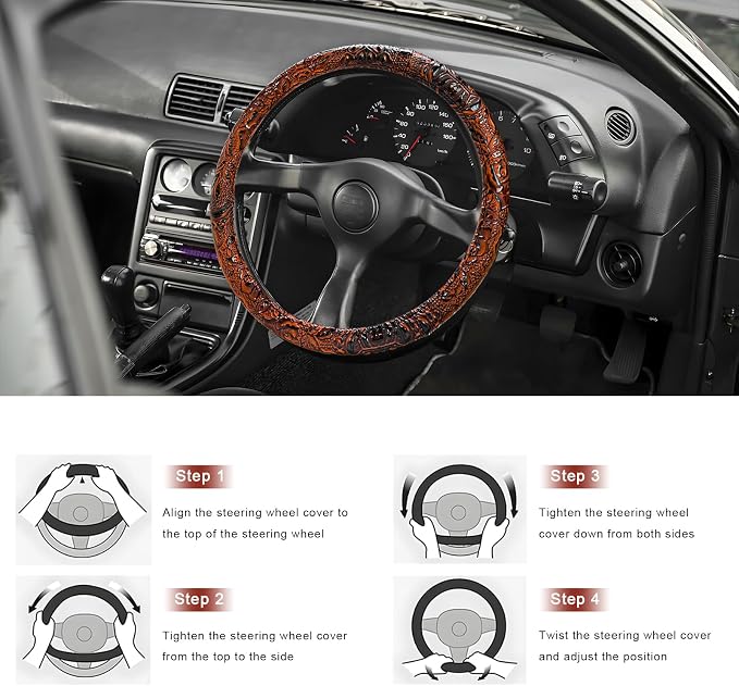 Sun Walker Leather Car Steering Wheel Cover, 15" Anti-Slip Crocodile Pattern Wheel Protector with Rose Grain, Comfortable Grip Steering Wheel Protector Universal for Cars SUVs Trucks (Brown)