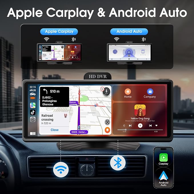 Wireless Carplay Screen for Car, 10.26" Portable Car Radio with Apple CarPlay & Android Auto, Backup Camera/Mirror Link/GPS/BT/Voice Control/AUX/FM Satellite Radio for All Vehicles