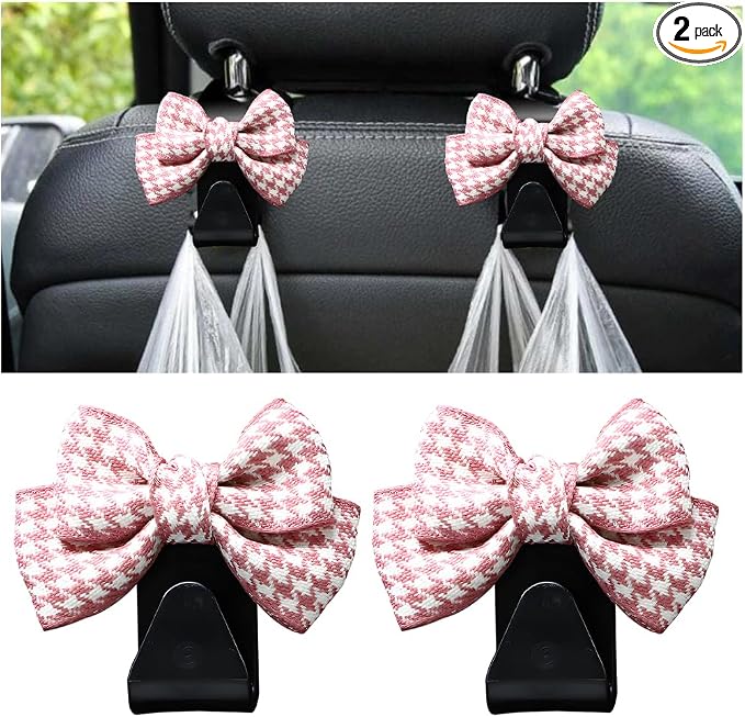 Mandark 2PCS Car Seat Headrest Hooks, Cute Bow Vehicle Hooks for Purses and Bags, Automotive Purse Hook Hanger Interior Decoration Accessories, Universal for SUV, Sedan, Truck (Pink/Small)