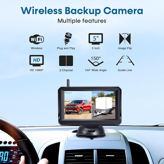 Wireless Backup Camera for Trucks: 5 Inch 1080P HD Display, Backup Camera for Car,Truck, IP69K Waterproof, Night Vision, Dual-Camera Support, DIY Installation, Customizable Parking Lines H21