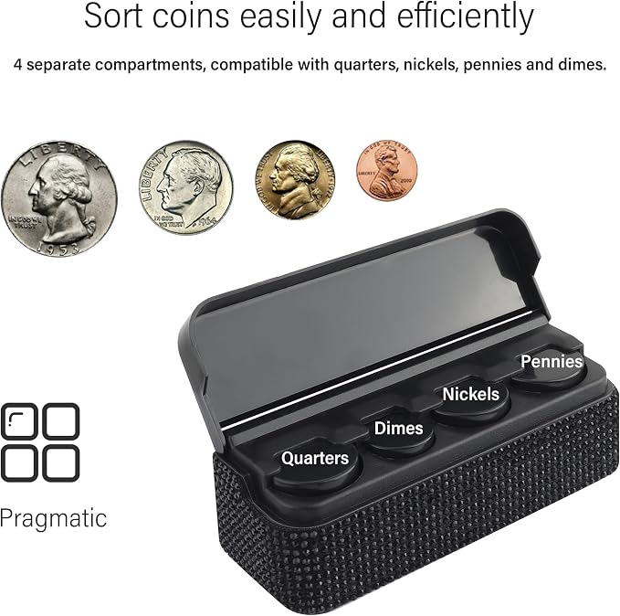 carleef Bling Coin Holder for Car,4 Compartment Car Organizers and Storage with Rhinestones Compatible with Quarter/Nickel/Pennies/Dimes,Universal Coin Organizer for Car Truck SUV (Black)