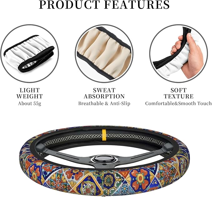 Mexican Talavera Tiles Style Steering Wheel Cover Auto Steering Wheel Protector Anti-Slip Breathable and Sweat Absorption Universal Car Accessories15 Inch Fit Auto Sedan Vans Trucks SUV