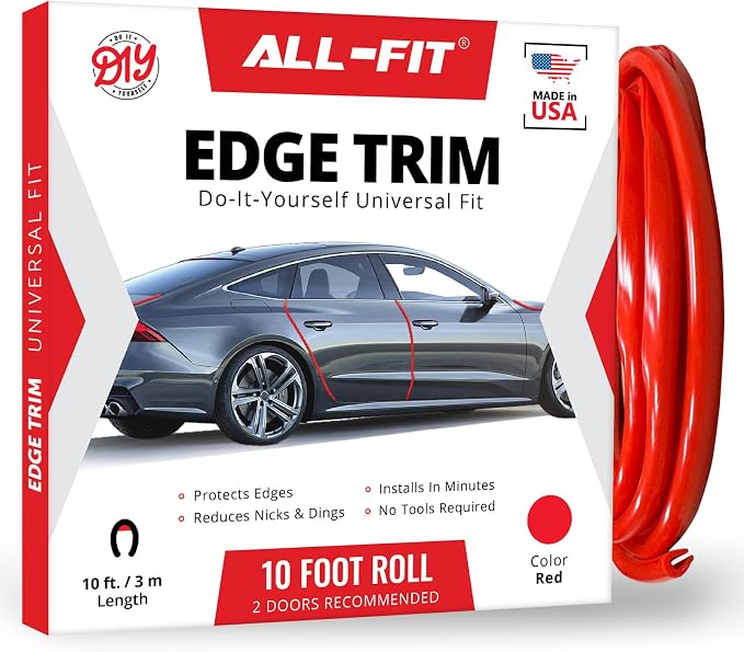 Car Door Edge Protector – Universal DIY Edge Trim to Prevent Scratches & Dings – Flexible Adhesive Molding Trim for Cars, Trucks & SUVs (10 Ft - Red)