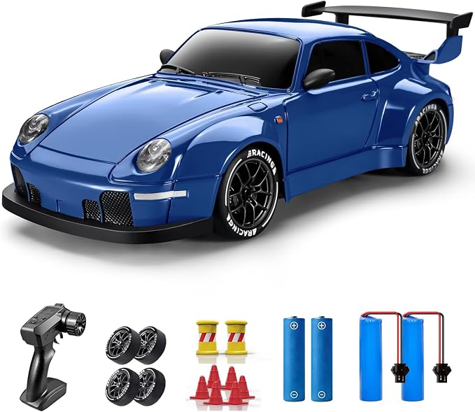 RC Drift Car, 1:24 Remote Control Car for Kids, 20KM/H 4WD High Speed RC Cars with LED Lights, Two Batteries, Extra Drifting Tires, Vehicle for Adults Boys Girls, Blue