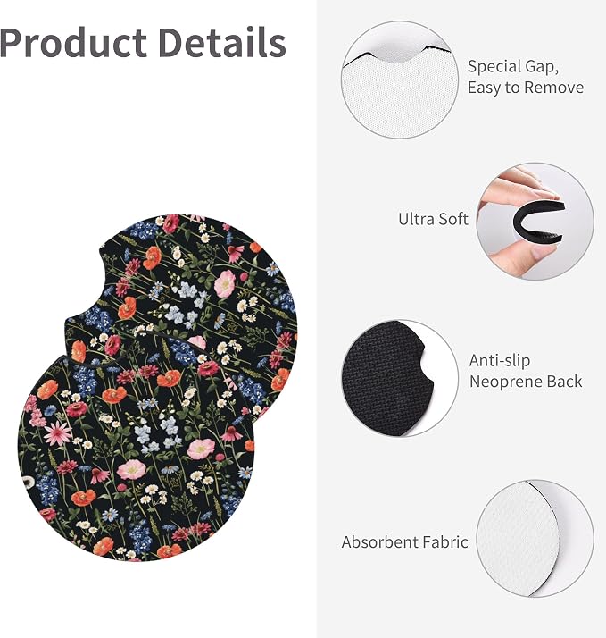 Wildflower Car Steering Wheel Cover + 2 Car Flower Cup Coasters | Anti-slip Universal Breathable 14 - 15-In For Women Wildflower Steering Wheel protection