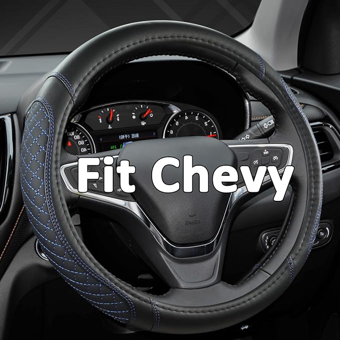 Customized Auto Car Steering Wheel Cover for Chevy Silverado,Tahoe,Equinox,Traverse,Trailblazer,Colorado (Diamond Quilted-Black+Blue-Standard Size)