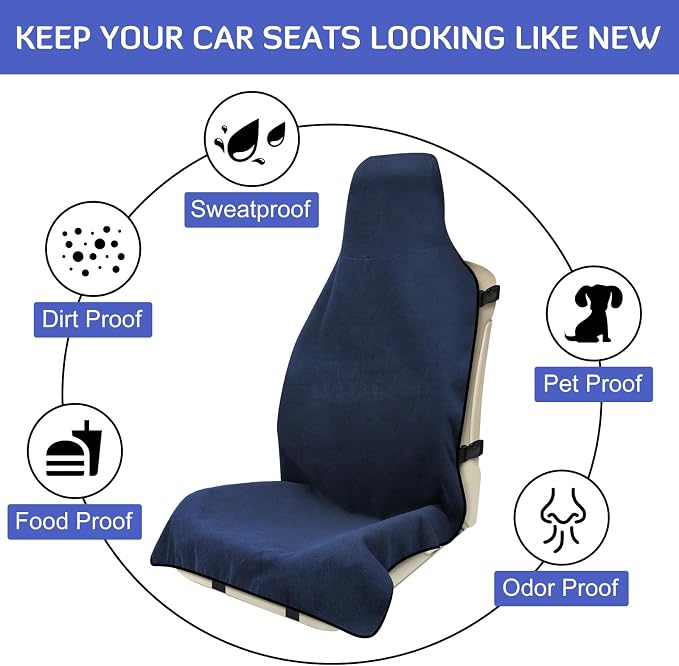 Waterproof Seat Cover Towel, Premium Sweat Carseat Protector, Perfect for Universal Anti-Slip Car Truck SUV Seat, Great for Surfing Yoga Gym Workout, Navy Blue