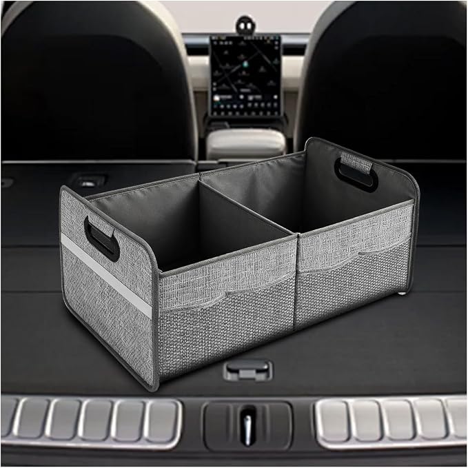 Car Trunk Organizer, Waterproof Large Capacity 600D Oxford Fabric Auto Trunk Storage Container with Pockets, Multi-Compartment Vehicle Storage Box Accessories for Car SUV Truck (Gray)