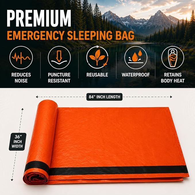 Emergency Sleeping Bag – 84"x36" Thermal Mylar Survival Bivy Sack – Waterproof, Lightweight & Compact Emergency Blanket for Camping, Hiking, Outdoor Survival & Travel
