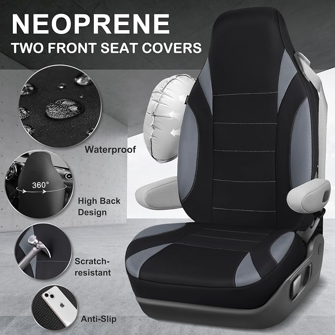 Waterproof High Back Car Seat Covers Front Seats with Armrest Gray | Neoprene Bucket Seat Cover, Airbag and Armrest Compatible, Built-In Seatbelt Universal Fit for Cars,Truck, Van, SUV