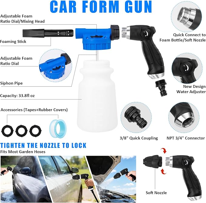 Car Wash Detailing Kit Cleaning Set with Foam Gun Sprayer, Long-Handle Brush, Large Wash Mitt, Towels, Complete Interior & Exterior Car Washing Supply Set (Blue)
