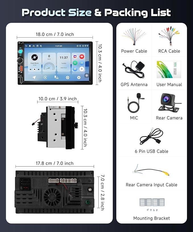 Android 15/4+64G Car Radio Double Din Car Radio with Wireless Carplay&Android Auto,7 inch 1280*720P IPS TouchScreen Car Audio Receivers with WiFi GPS EQ BT5.0 FM/RDS Radio Mirror Link AHD Rear Camera