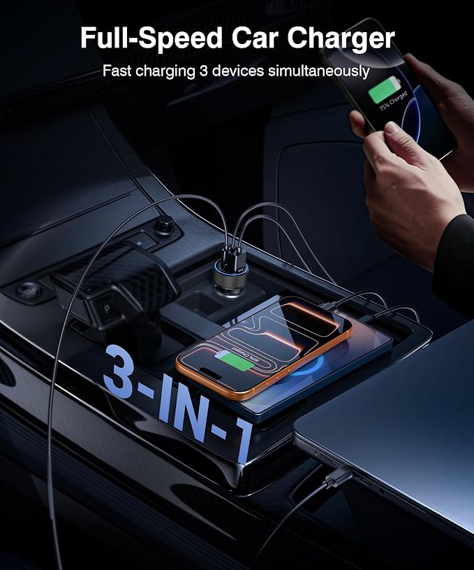 2026 Updated USB C Car Charger, 93W 3-Port Super Fast Type C Car Power Adapter PD/QC Charging Cigarette Lighter for iPhone 17/16/15/14/13/12/11 Pro Max, iPad,MacBook,Pixel, Android