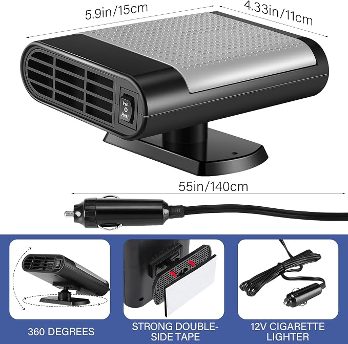 2 Pcs 12V 150W Portable Car Heater Defroster 2 in 1 Modes Automobile Windscreen Fan Heating and Cooling Windshield Fan Defroster Demister with Plug into Cigarette Lighter (Grey)