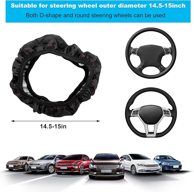 Car Steering Wheel Cover, 15 Inches Non-Slip Leather Steering Wheel Protector, Universal Soft Cover Mats for Car Truck SUV, Interior Car Accessories (Black)