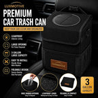 LuxMotive Car Trash Can – 3 Gallon Leakproof Waterproof Auto Trash Bin, Hanging Car Garbage Container with Lid & Storage Pockets, Foldable Car Organizer for Vehicle Interior (Black)