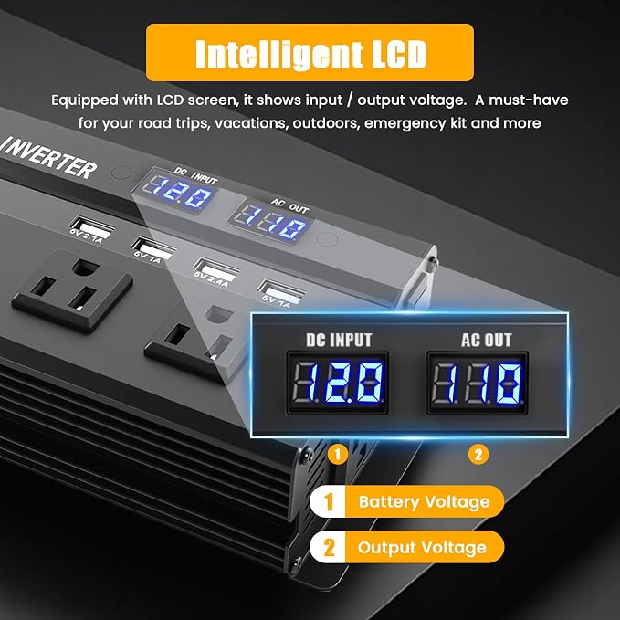 1200W Power Inverter, 12v to 110V AC Car Inverter with Fast Charging 2.4A USB and 3 AC Outlets Ideal for Road Trips, Camping, RV, Truck, Solar, and Vehicle Power Needs