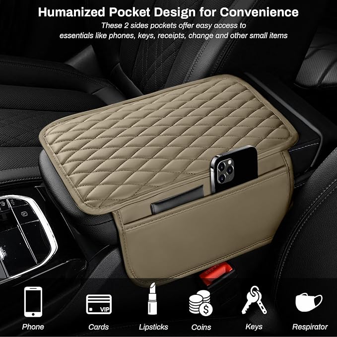 Car Center Console Cover Upgraded Microfiber Leather Car Arm Rest Cover with 2 Storage Bags Universal Armrest Cover for Car Storage Box Car Interior Accessories Protector for Most Vehicle-Beige