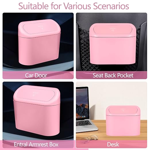 Pink Car Trash Can with Lid, Mini Auto Garbage Can with 30 Trash Bags, Leakproof Automotive Garbage Container Bin, Multipurpose Organizers and Storage for Car, Home, Office (Pink)