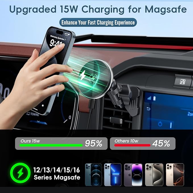 Wireless Charger Magnetic Vent Phone Mount Compatible with 2021-2026 Ford F-150, 2023-2026 Super Duty F250/F350/F450, Metal Phone Holder Cradles Bracket Stand with Arm for All Smartphone