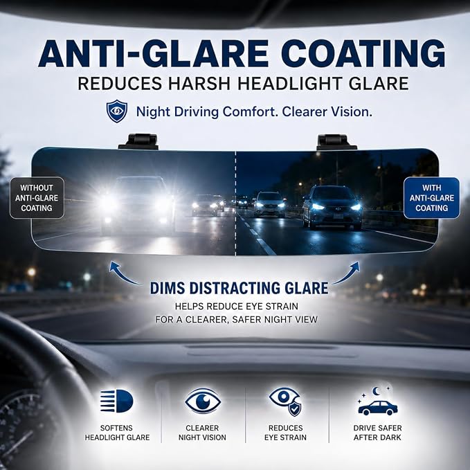Anti Glare Wide Angle Car Rearview Mirror, 12'', Convex, Blue | Frameless Clip-On Rear View Mirror, Panoramic Interior Mirror for Cars, SUVs, Reduce Headlight Glare, Eliminate Blind Spots