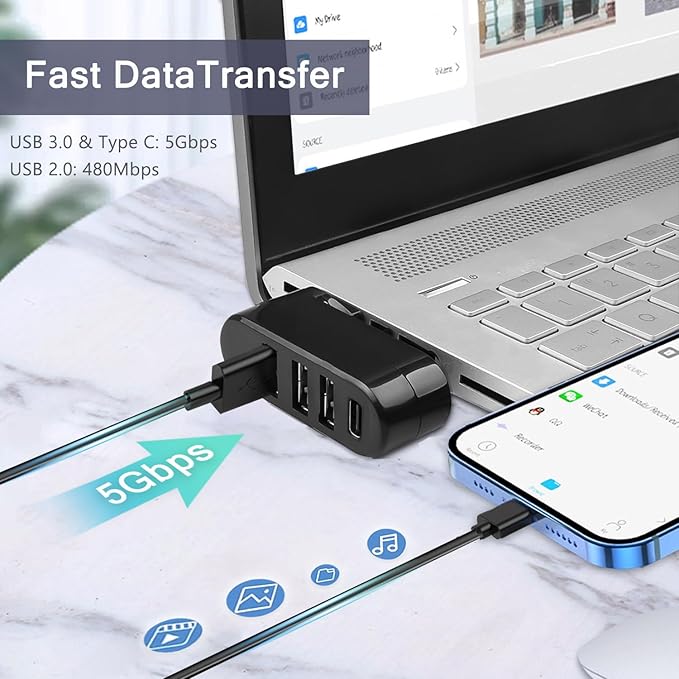 4-Port USB 3.0 Hub [90°/180° Degree Rotatable], USB Splitter with PD-in 5W USB C Port, USB Extender for Laptop, Car, iMac, MacBook Air, MacBook Pro, and More
