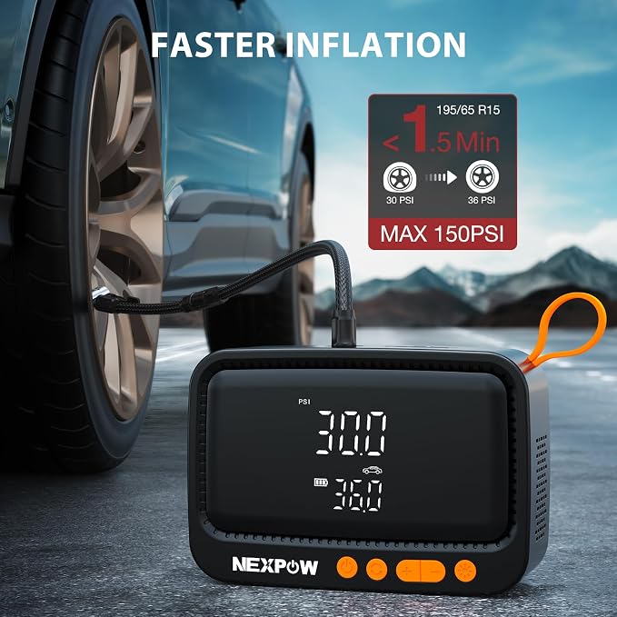 Tire Inflator Portable Air Compressor, 150 PSI Air Pump for Car Tires with Digital Pressure Gauge & Auto Shut-Off, Air Compressor Portable for Car, Motorcycle, Bicycle, Balls, Orange