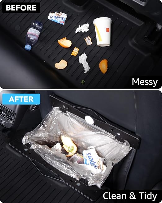 Trash Can for Tesla Model 3 2017-2023 Garbage Bag [Strong Magnetic Buckle] with LED Light 1PCS Backseat Hanging Garbage Bin Waterproof Faux Leather Model 3 Interior Accessories 2.5 Gallons