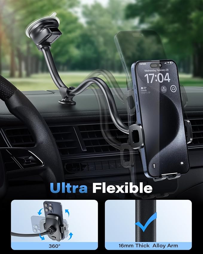 Solid Car Truck Phone Mount Holder with 14-Inch Gooseneck Long Arm, Windshield Window Mobile Holders w/Industrial-Strength Suction Cup, Anti-Shake Stabilizer Compatible All Cell Phones, Black
