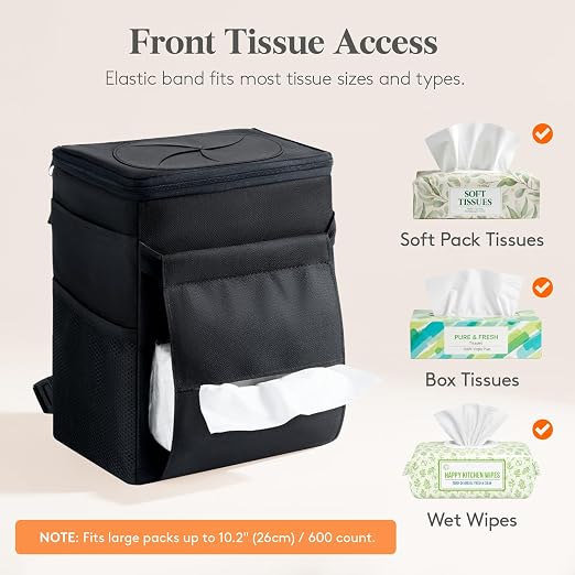 Car Trash Bin, 2 Gallon Leakproof Waterproof Vehicle Garbage Can with Lid & Tissue Holder, Car Interior Organizer for Front/Back/Console, Automotive Accessory, Black