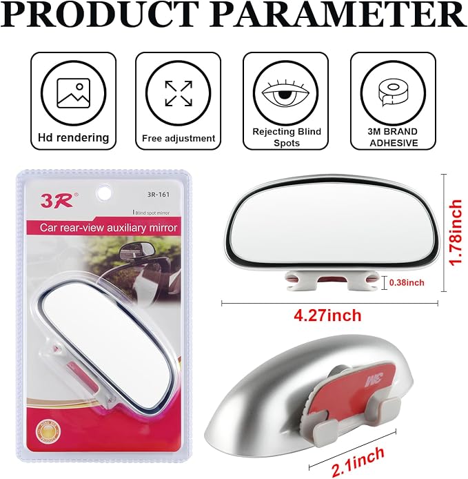 Clip on Blind Spot Mirror, HD Glass Frameless Convex Rear View Mirrors Exterior Accessories with Wide Angle Adjustable Stick for Car SUV and Trucks, Silver