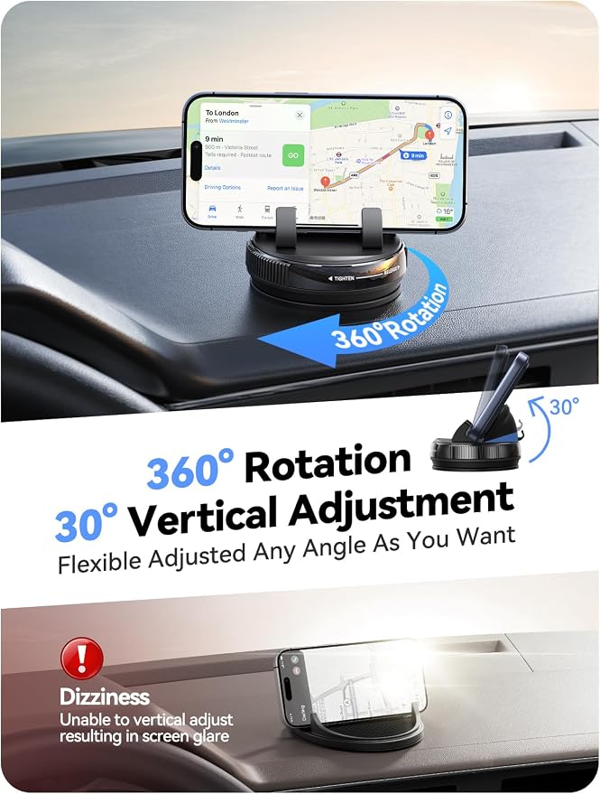 Car Phone Mount, [360° Rotation+Thick Case Friendly] Cell Phone Car Holder with Adjustable Spring Clip, Anti-Slip Silicone Universal Dashboard phone holder for Car for iPhone, Smartphones, GPS