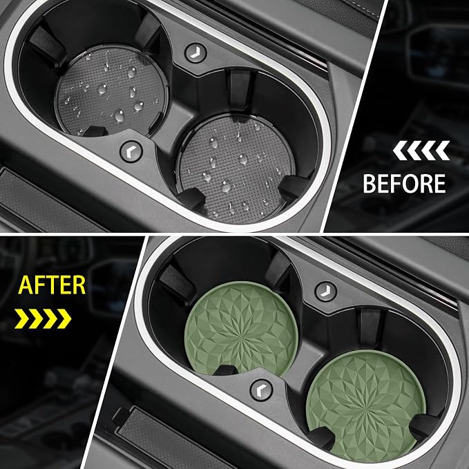 ME.FAN Car Coasters for Cup Holders [4 Pack] - 2.75In Silicone Auto Mug Mats - Universal Non-Slip Recessed Car Interior Accessories Olive Green