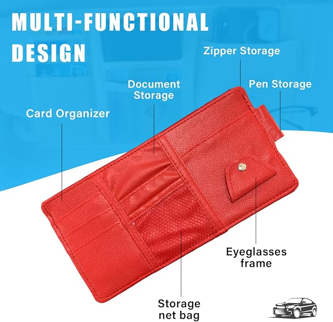 Car Sun Visor Organizer, Leather Personal Belonging Storage Pouch with Zipper, Car Visor Storage Pouch Sunglasses Holder, Auto Interior Accessories Pocket Organizers (Red)