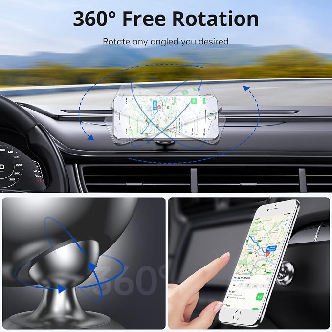 Magnetic Car Phone Holder for Dashboard, 360° Adjustable Strong Magnets Cell Phone Car Mount Compatible with iPhone, Samsung, Android - Gray