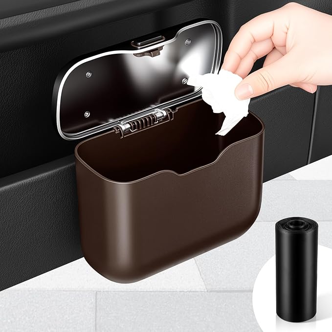 Car Trash Can, Car Garbage Bin with Lid & Handle - Leak-Proof Mini Trash Can for Car, Truck, SUV - Essential Car Accessories for Organization (Brown)