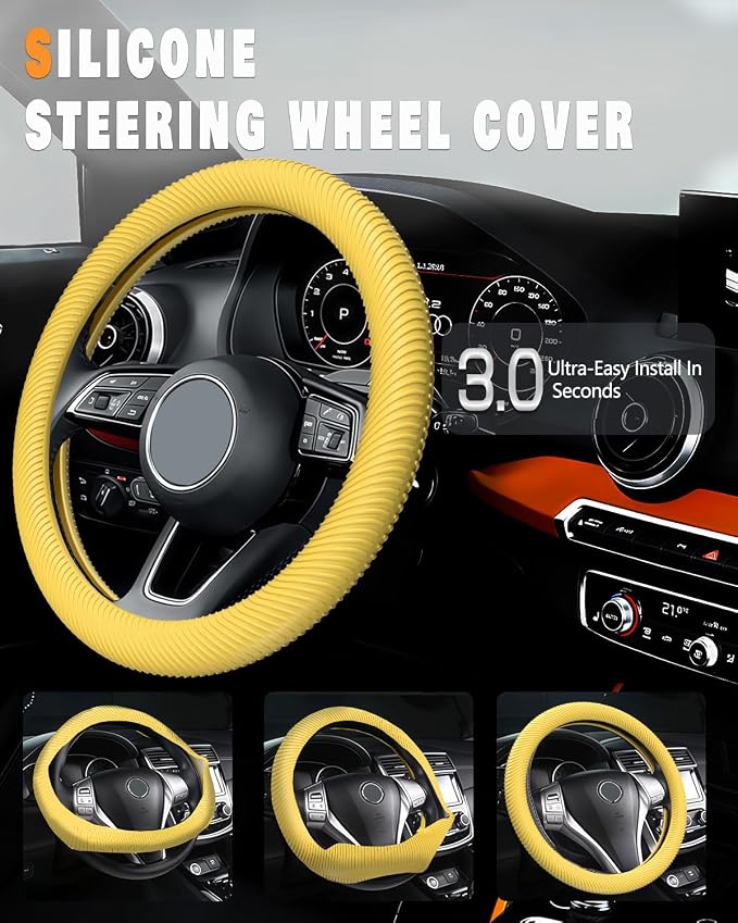 Car Steering Wheel Cover, Thin Anti-Skid Silicone Steering Wheel Cover for Men & Women, Universal Automotive Interior Accessories for Most Cars (Bright Yellow)