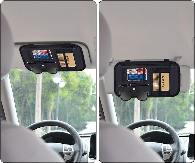Car Sun Visor Organizer, Vehicle Interior Accessories Storage Pouch Auto Registration Holder with Elastic Strap for Sunglass, Documents, Cards, Pen, Drivers License, etc. (Black)