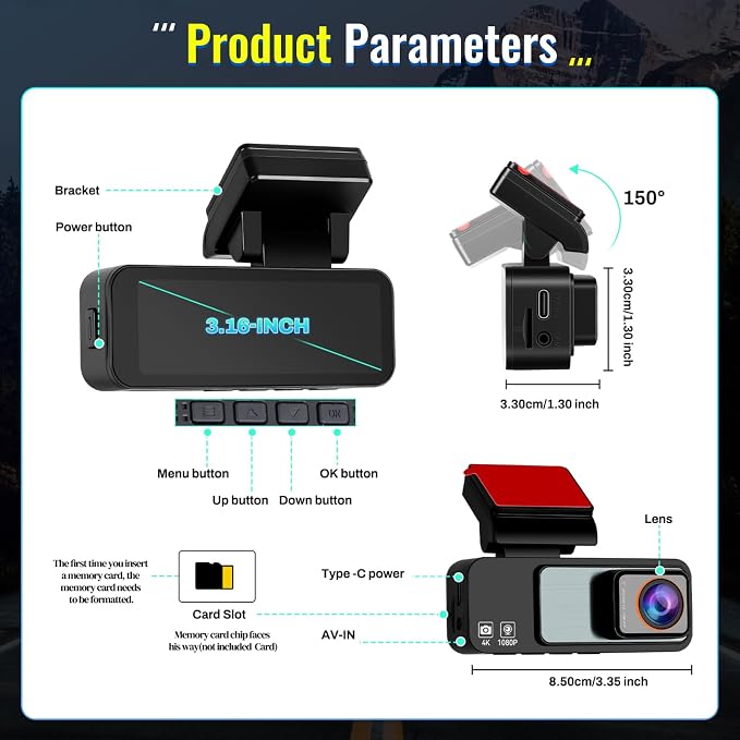 4K Dash Cam Front and Rear, 3.16" Screen Dual Dash Camera for Cars with WiFi & GPS, Night Vision, 170°Wide Angle Car Dashboard Cam, G-Sensor, Loop Recording, 64GB Card Included