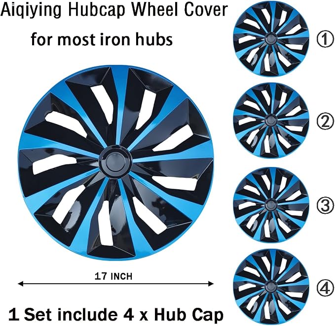 Hubcap Wheel Cover Replacement R17 Hub Caps Universal-Fit Steel Wheel Rim Cover ABS Material Exterior Accessories for Car Truck SUV -Set of 4（17-inch，Blue-Black）