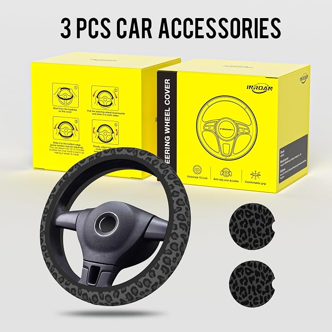 Black Leopard Print Cheetah Steering Wheel Cover for Women, Anti-Slip Breathable High Elastic Neoprene Car Steering Wheel Cover, Universal 15 Inch for Cars, SUVS, Includes 2 Ceramic Cup Coasters