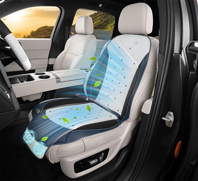 Cooling Car Seat Cover Front Driver Seat,Universal 12V Ventilated Car Seat Cushion with Smart Auto On/Off, Breathable Mesh & Leather AC Seat Protector, Cooling Fan Seat Cover for Car SUV Truck,White