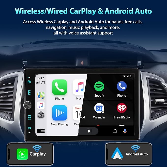 Single Din Car Radio Touchscreen (10.4" Rotatable) Compatible with Apple CarPlay [Wireless] Android Auto Car Stereo Bluetooth USB AUX SD Backup Camera