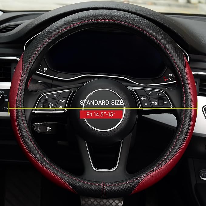 Microfiber Leather Auto Car Steering Wheel Cover, Universal 15 Inch Anti-Slip Wheel Protector, Claret
