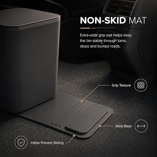 Mini Car Trash Can with Press Lid, Leakproof One-Piece Design, ABS Plastic Garbage Bin with Stainless Steel Spring for Auto Interior (Black)