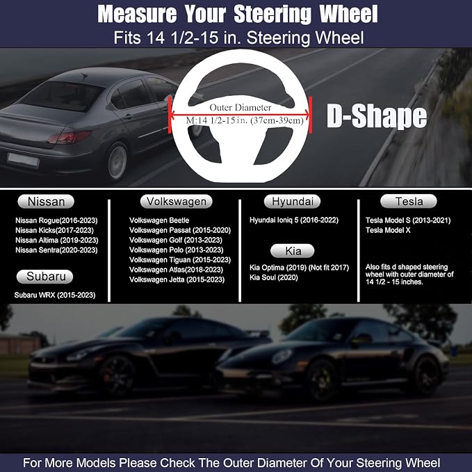 D Shaped Steering Wheel Cover, Flat Bottom Car Wheel Cover 14 1/2-15 inch (37-39 cm), Non-Folding Packaging, Microfiber Leather, Black and Light Creamy White