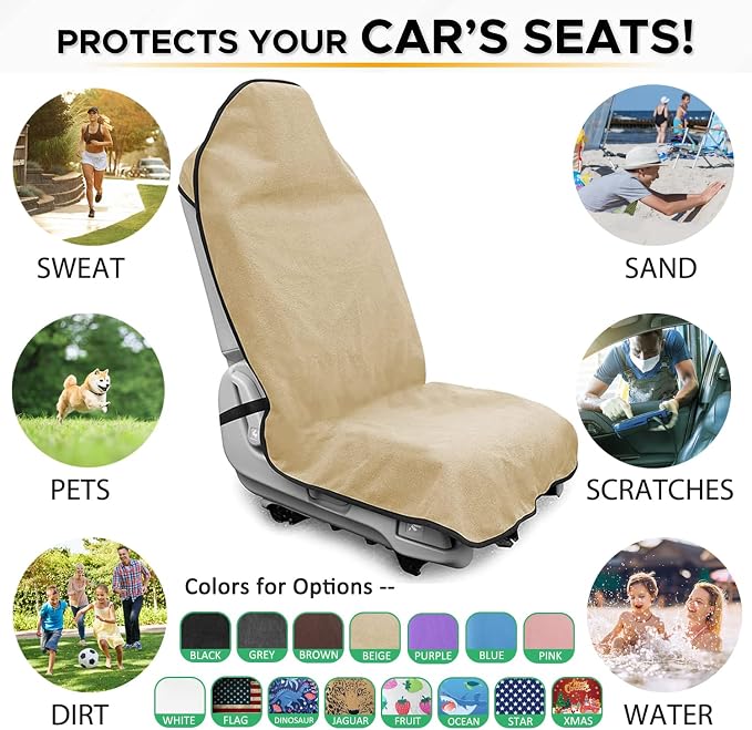 Waterproof Sweating Car Seat Cover for Post Gym Workout, Running, Swimming, Beach and Hiking, Universal Fit Non-Slip Bucket Seat Protector for Cars SUV Trucks, Machine Washable (2pcs Off-White)